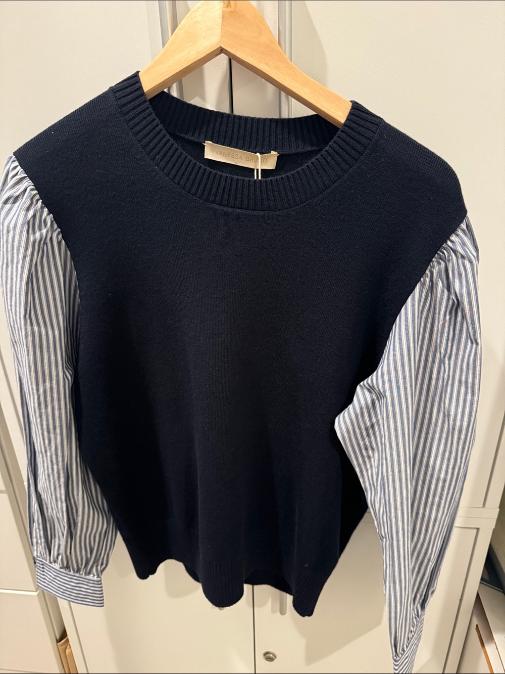 Vanessa Bruno Navy wool Knit Sweater with Blue-White Striped Shirt Sleeves